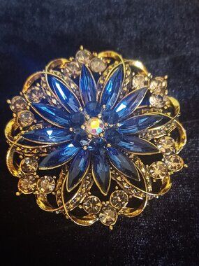 Lovely Blue Rhinestone & Gold-Tone Brooch